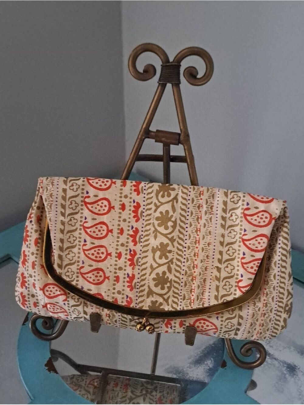 VTG MEL-TON Fold over clutch bag Gold tone kiss lock cloth print shabby chic